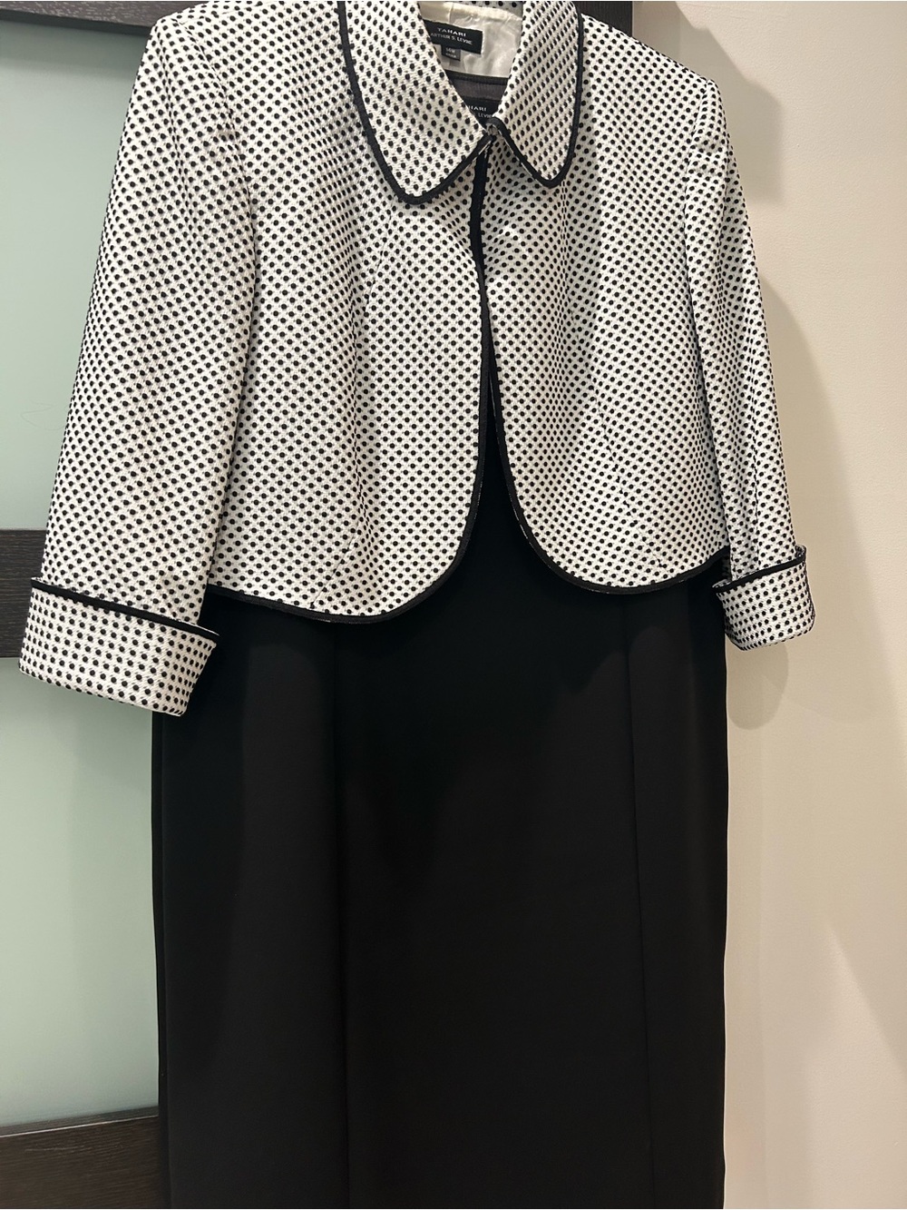 Black Dress with White Polka Dot Cropped Jacket